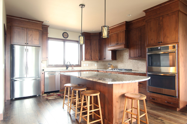 Rustic Stained Knotty Alder Cabinets in L Shaped Kitchen - Rustic ...