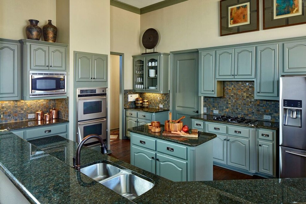 This is an example of a rustic kitchen in Dallas.