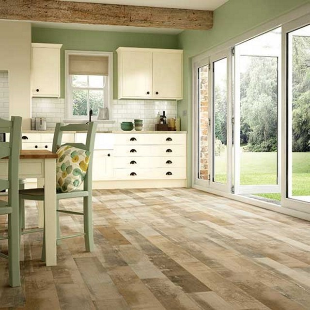 Rustic Wood-Look pattern sets a Nice Tone for this Eat-in Kitchen ...