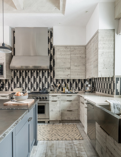 A Splash of Color: Light Gray Wood Cabinets with Black-Gray Patterned Ceramic Tile Backsplash