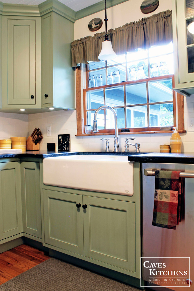 Sage Green Country Cottage Kitchen with Farmhouse Sink Transitional