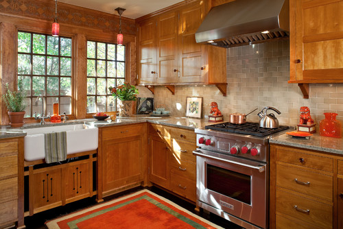 New Material kitchen cabinets in Canadian design with natural wood finish, modern appliances, and farmhouse sink