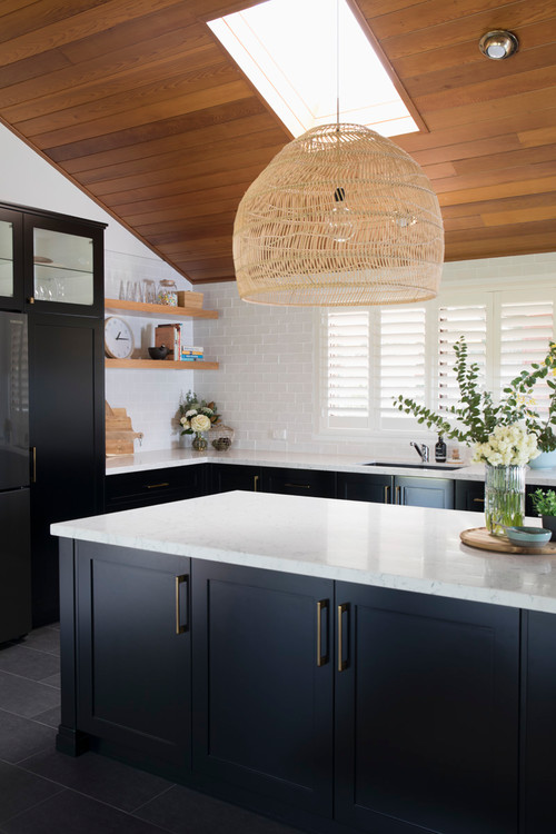 Wood Paneled Grandeur: Modern Farmhouse Kitchen Ideas with Paneled Ceiling