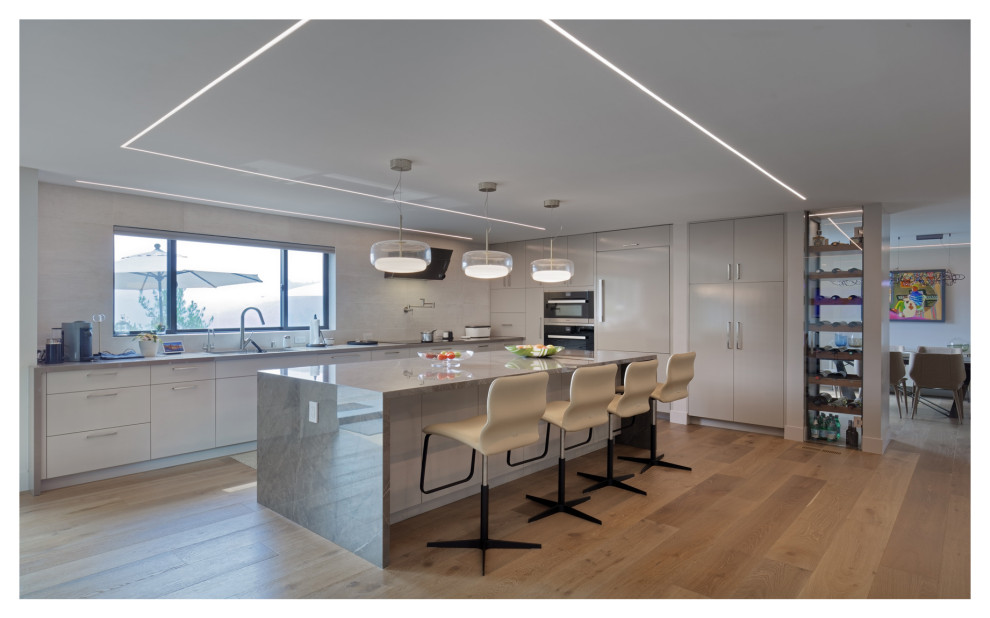 This is an example of a large modern l-shaped kitchen/diner in Other with flat-panel cabinets and an island.