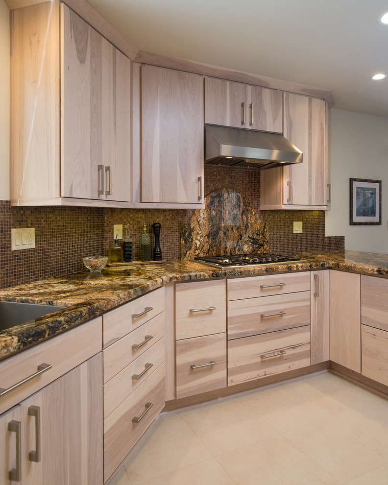 Example of a mid-sized minimalist galley ceramic tile eat-in kitchen design in San Diego with a single-bowl sink, flat-panel cabinets, light wood cabinets, granite countertops, brown backsplash, mosaic tile backsplash, stainless steel appliances and a peninsula