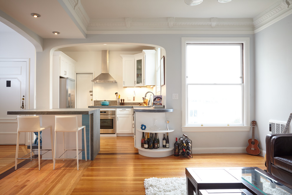 Zweizeilige, Kleine Moderne Wohnküche mit Schrankfronten im Shaker-Stil, weißen Schränken, Küchengeräten aus Edelstahl und Halbinsel in San Francisco