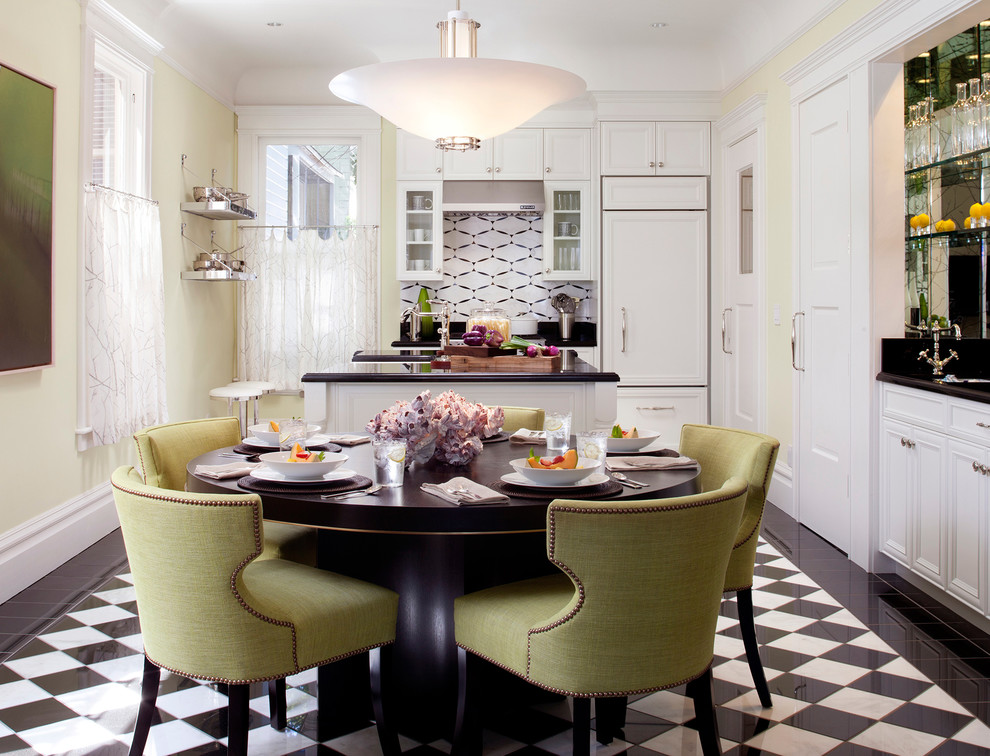 Eat-in kitchen - mid-sized contemporary l-shaped porcelain tile and multicolored floor eat-in kitchen idea in San Francisco with recessed-panel cabinets, white cabinets, an island, paneled appliances, a farmhouse sink, granite countertops, multicolored backsplash and porcelain backsplash