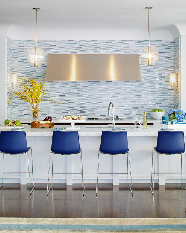 Kitchen - mid-sized transitional galley dark wood floor and brown floor kitchen idea in San Francisco with blue backsplash, matchstick tile backsplash, an island, an undermount sink and quartzite countertops