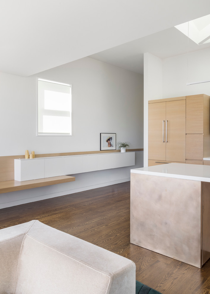 Immagine di una cucina ad ambiente unico moderna di medie dimensioni con lavello integrato, ante lisce, ante in legno chiaro, top in quarzite, paraspruzzi bianco, elettrodomestici da incasso, parquet scuro e penisola