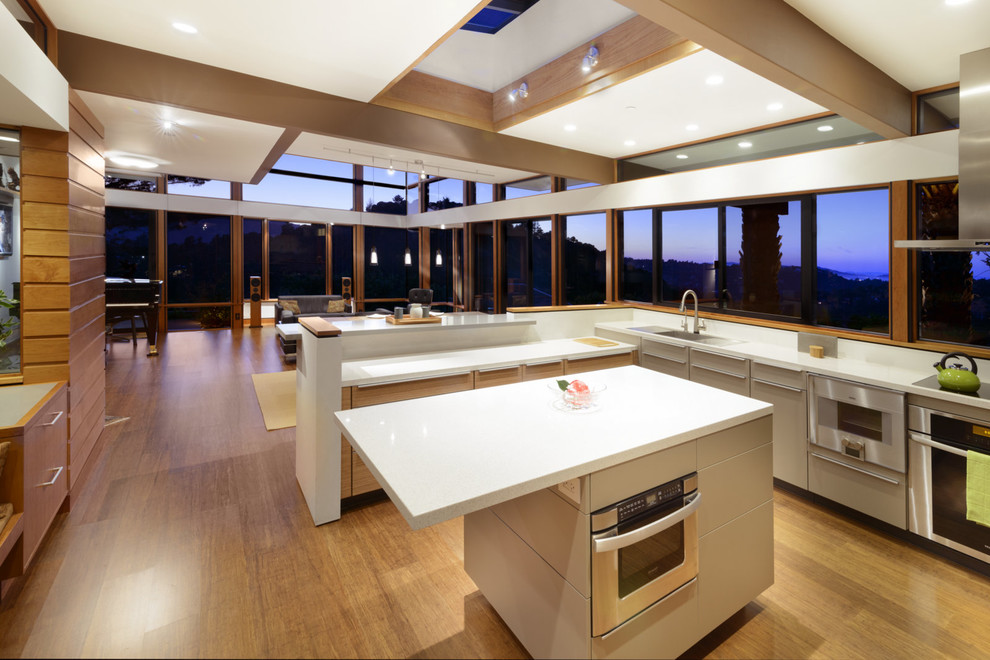 Пример оригинального дизайна: кухня-гостиная в современном стиле с одинарной мойкой, плоскими фасадами, серыми фасадами, техникой из нержавеющей стали и окном
