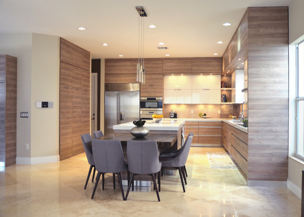 Design ideas for a large contemporary u-shaped open plan kitchen in Miami with a submerged sink, flat-panel cabinets, medium wood cabinets, engineered stone countertops, grey splashback, stone tiled splashback, stainless steel appliances, porcelain flooring and an island.