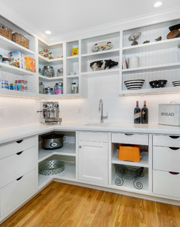 Small U Shaped Pantry with Wicker Labeled Food Bins - Transitional