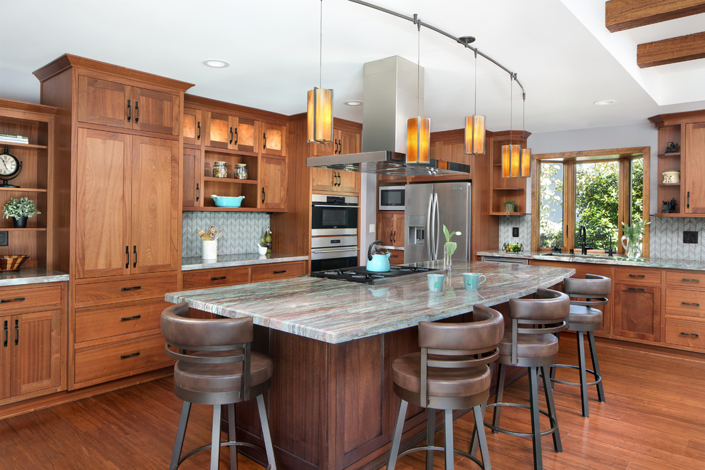 Design ideas for a traditional kitchen/diner in San Francisco with open cabinets and an island.