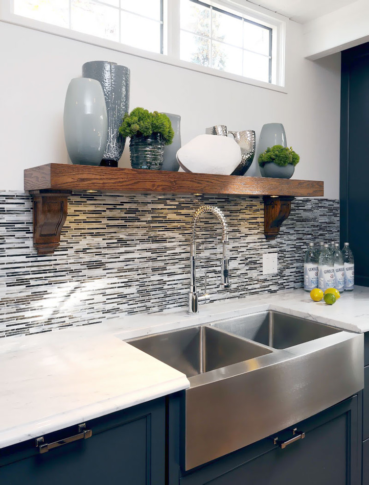 Kitchen - transitional kitchen idea in Other with a farmhouse sink, recessed-panel cabinets, blue cabinets, multicolored backsplash and matchstick tile backsplash