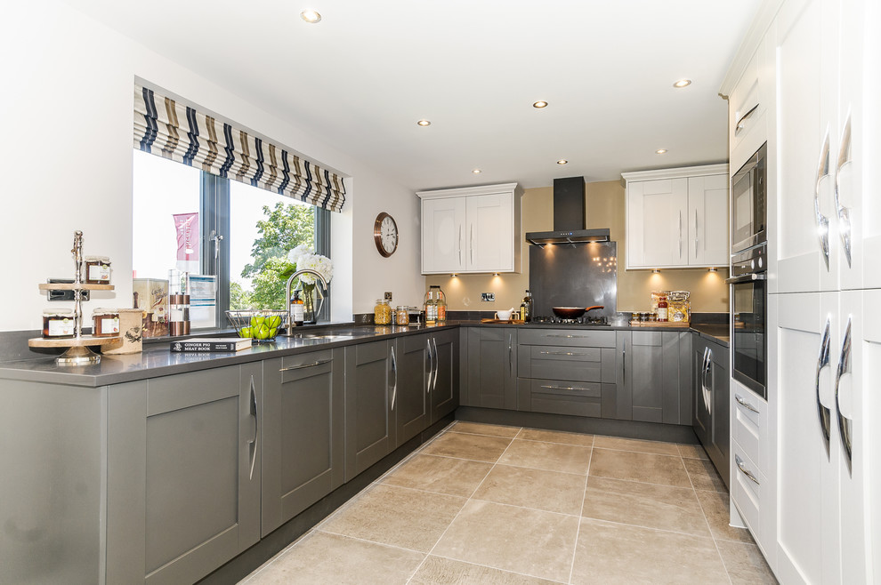 Savoy Shaker Painted In Light Grey And, Light Grey Kitchen Units With Black Worktops
