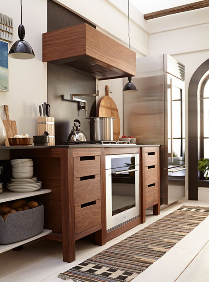 Eat-in kitchen - mid-sized contemporary painted wood floor eat-in kitchen idea in New York with a farmhouse sink, flat-panel cabinets, medium tone wood cabinets, quartz countertops, brown backsplash, stone slab backsplash, stainless steel appliances and an island