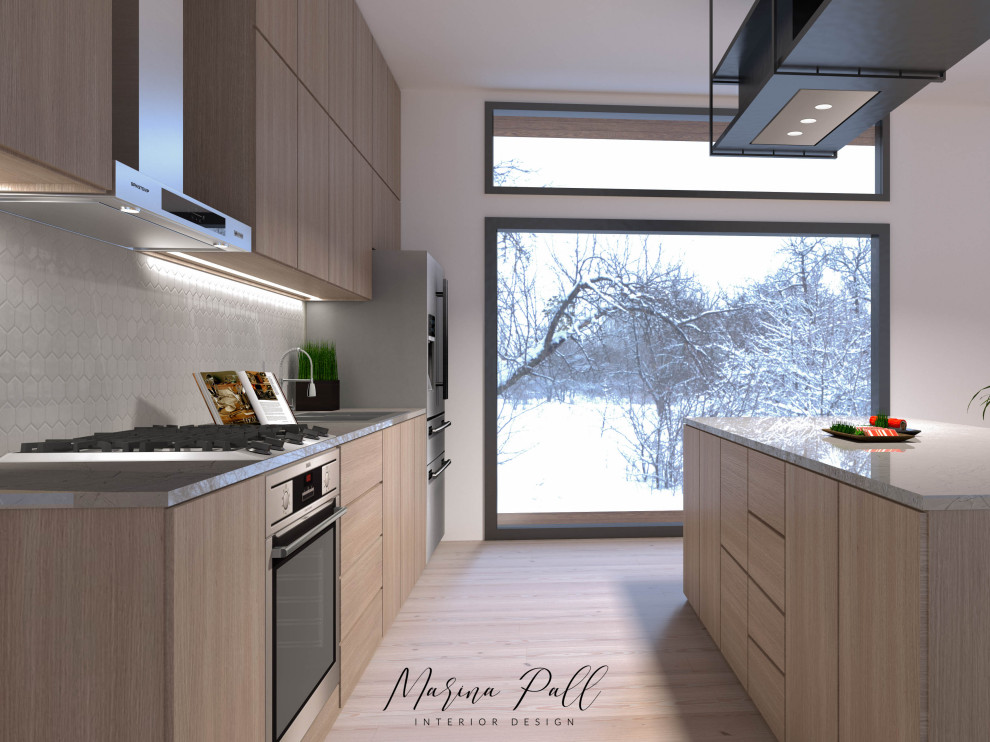 Photo of a medium sized scandi single-wall kitchen in Chicago with a double-bowl sink, flat-panel cabinets, light wood cabinets, white splashback, light hardwood flooring, an island and white worktops.