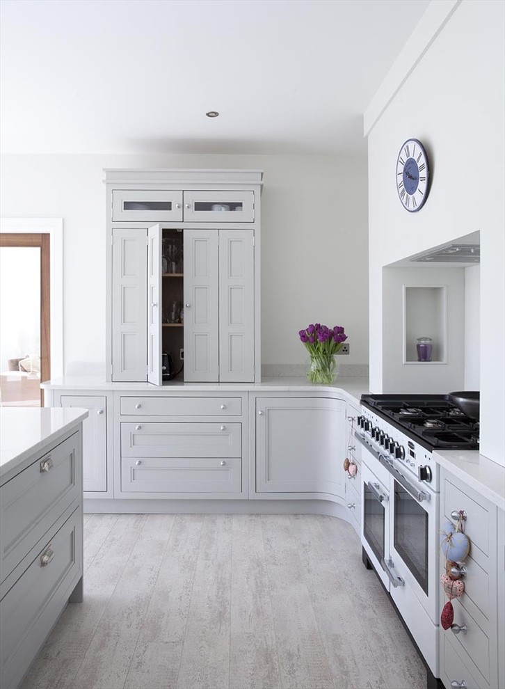 Aménagement d'une cuisine classique en L avec un placard avec porte à panneau encastré, des portes de placard grises, un électroménager blanc, parquet clair et îlot.