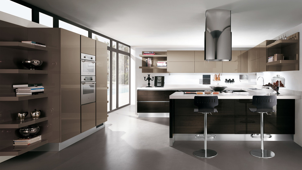 Large minimalist u-shaped concrete floor eat-in kitchen photo in Melbourne with a double-bowl sink, raised-panel cabinets, brown cabinets, stainless steel countertops, stainless steel appliances and two islands
