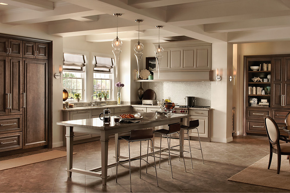 Inspiration for a mid-sized timeless l-shaped ceramic tile kitchen pantry remodel in Los Angeles with no island, raised-panel cabinets, medium tone wood cabinets, quartz countertops, beige backsplash, matchstick tile backsplash, stainless steel appliances and an undermount sink