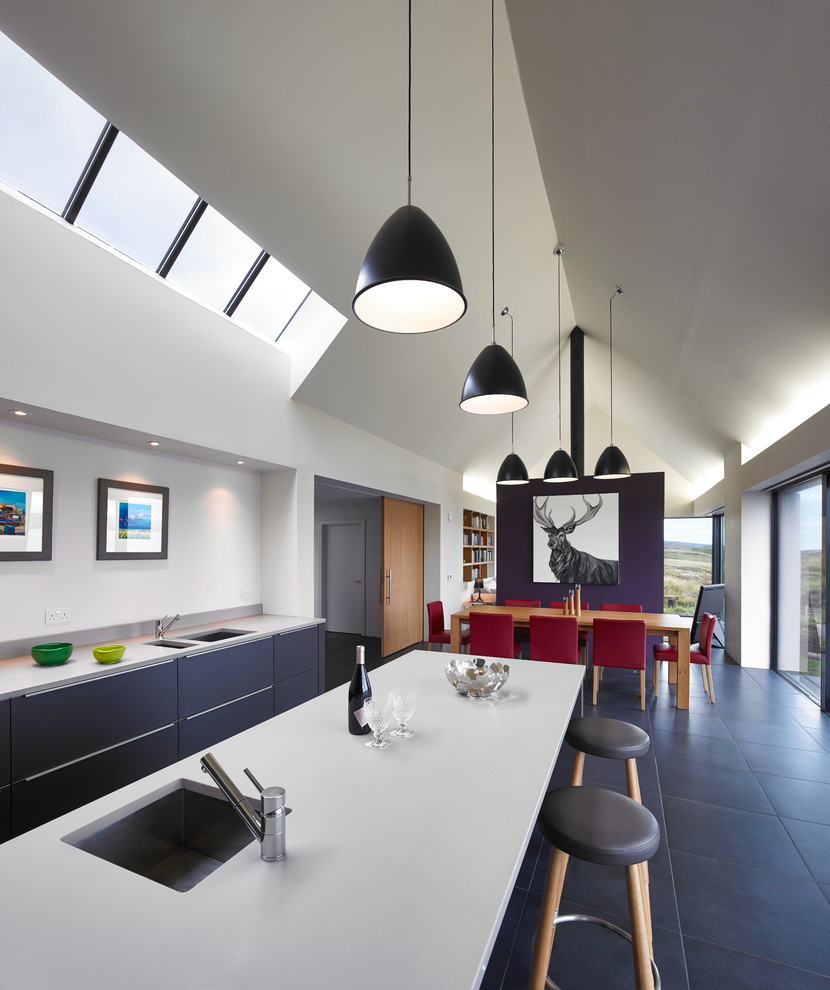 Идея дизайна: кухня в современном стиле с обеденным столом, врезной мойкой, плоскими фасадами и черными фасадами