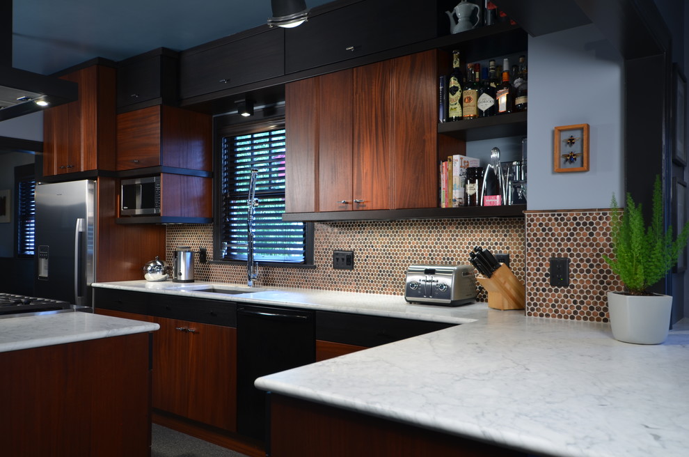 Example of a large minimalist u-shaped dark wood floor eat-in kitchen design in Portland with a single-bowl sink, flat-panel cabinets, dark wood cabinets, quartz countertops, multicolored backsplash, mosaic tile backsplash, stainless steel appliances and an island