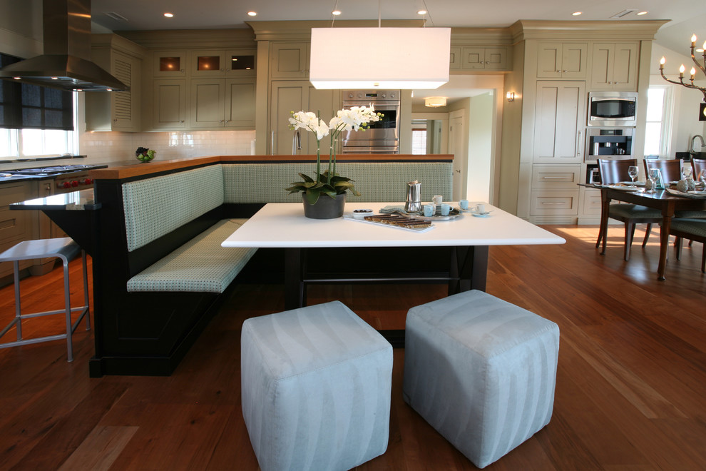 Design ideas for a beach style open plan kitchen in Philadelphia with shaker cabinets and beige cabinets.