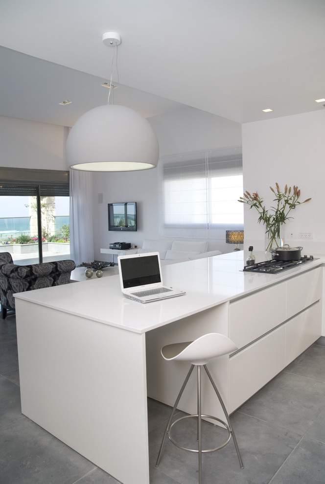 Свежая идея для дизайна: кухня-гостиная в морском стиле с плоскими фасадами и белыми фасадами - отличное фото интерьера