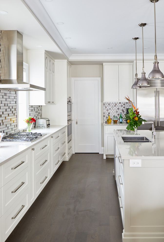Bild på ett stort funkis grå grått kök, med en undermonterad diskho, skåp i shakerstil, vita skåp, bänkskiva i kvarts, flerfärgad stänkskydd, stänkskydd i mosaik, rostfria vitvaror, mellanmörkt trägolv, en köksö och grått golv