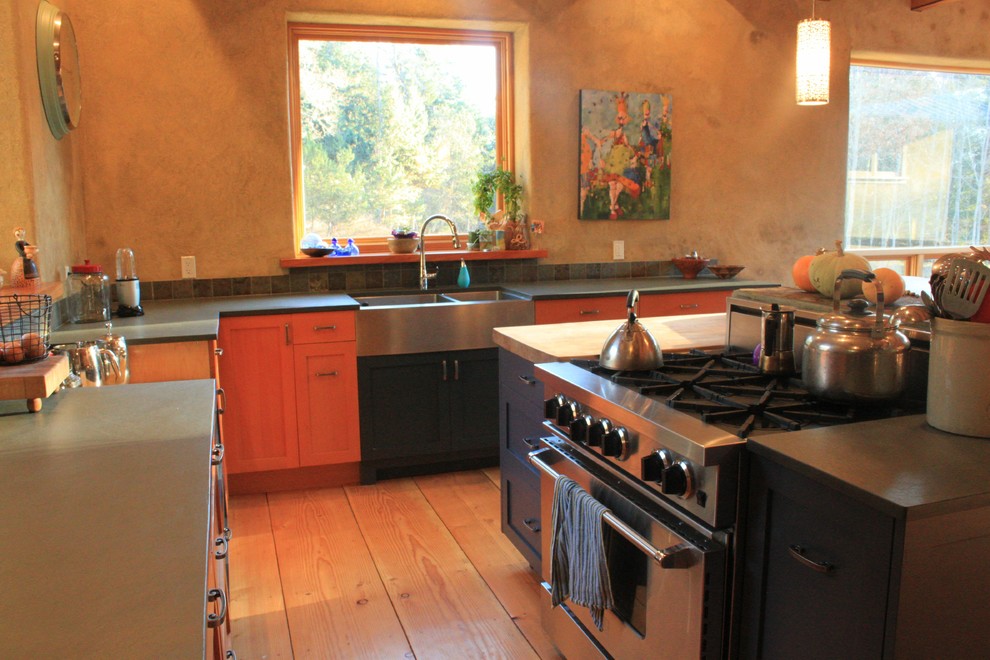 Example of a mid-sized cottage l-shaped light wood floor and brown floor eat-in kitchen design in Vancouver with a farmhouse sink, shaker cabinets, blue cabinets, wood countertops, green backsplash, ceramic backsplash, stainless steel appliances and an island