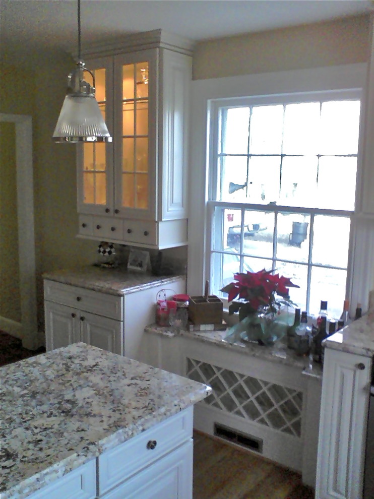 Exempel på ett klassiskt u-kök, med en undermonterad diskho, beige skåp, granitbänkskiva och rostfria vitvaror