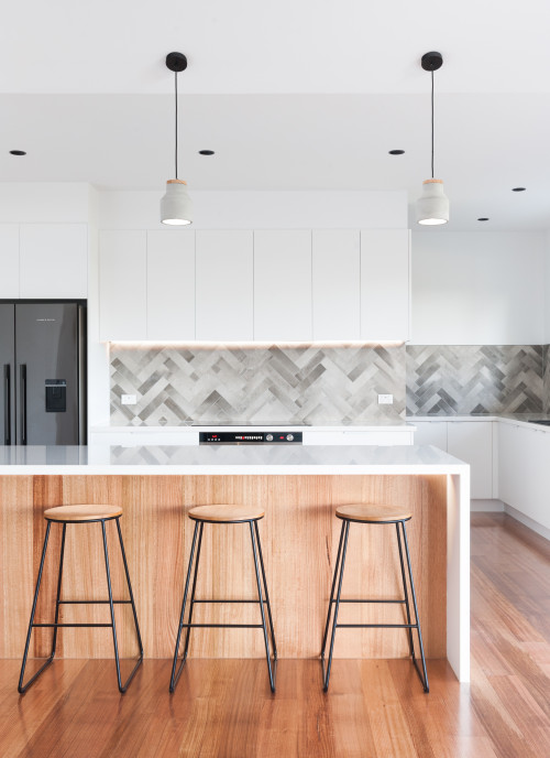 Gray Herringbone Elegance: Contemporary Modern Farmhouse Kitchen Inspirations