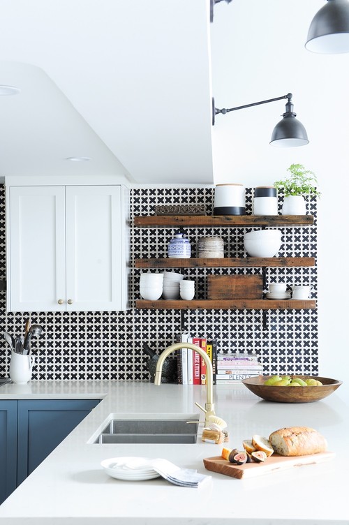 Wood Shelves in Black and White Retro Kitchen Backsplash - Elevate Your Kitchen with Ideas