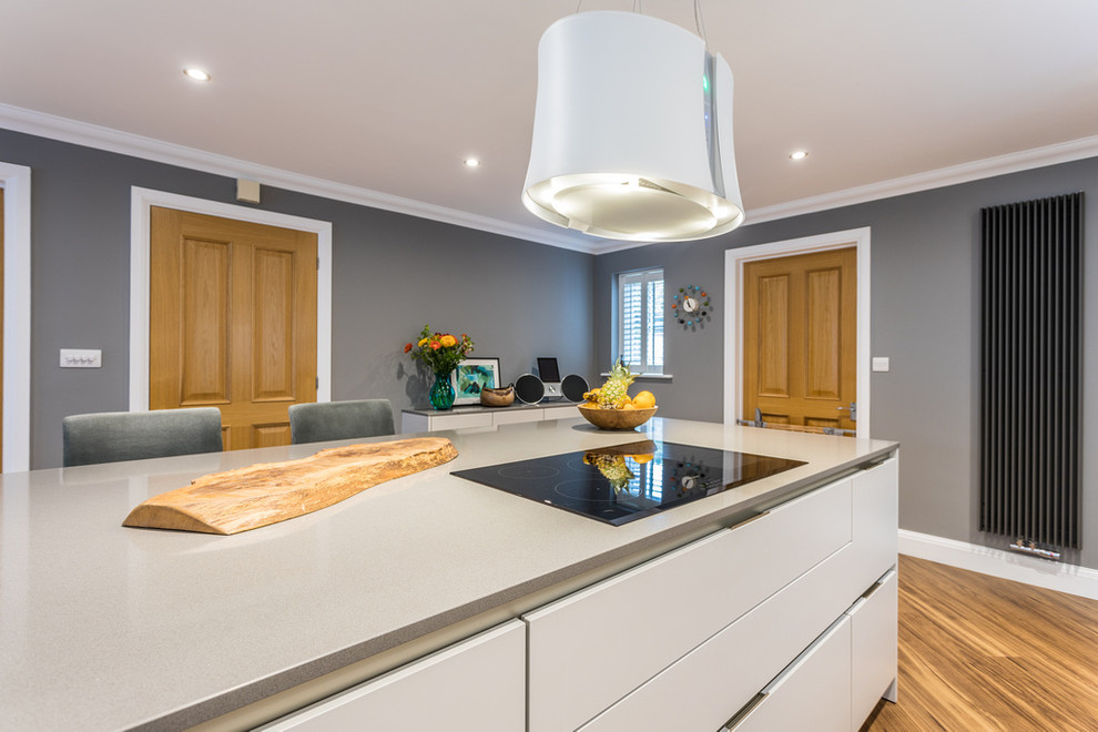 Large contemporary galley kitchen/diner in Hampshire with an integrated sink, flat-panel cabinets, grey cabinets, composite countertops, grey splashback, glass sheet splashback, stainless steel appliances, dark hardwood flooring, an island and brown floors.