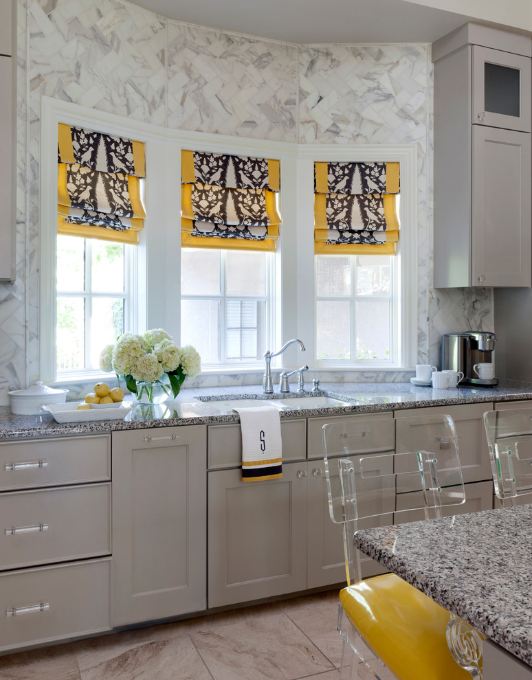 Large transitional eat-in kitchen photo in Little Rock with a double-bowl sink, shaker cabinets, gray cabinets, quartz countertops, multicolored backsplash, an island, subway tile backsplash and paneled appliances