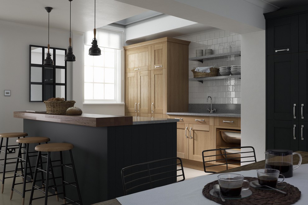 Inspiration for a traditional kitchen in Other with an island, shaker cabinets, light wood cabinets, granite worktops and a single-bowl sink.