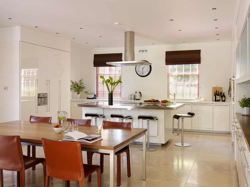 Inspiration for a contemporary u-shaped eat-in kitchen remodel in London with flat-panel cabinets, white cabinets, stainless steel countertops and paneled appliances