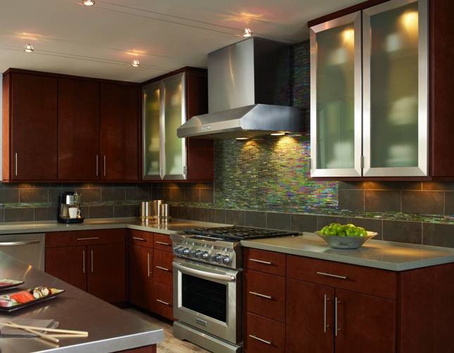 Mid-sized trendy single-wall kitchen photo in Seattle with an island, flat-panel cabinets, medium tone wood cabinets and quartz countertops