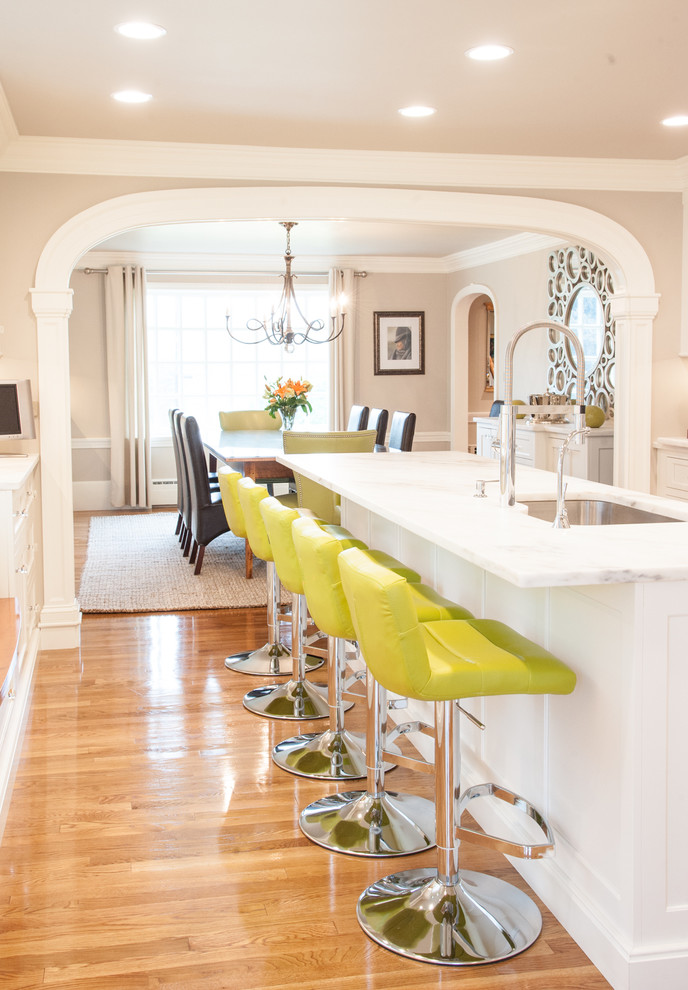 Inspiration för klassiska kök och matrum, med vita skåp, en köksö, en undermonterad diskho, luckor med profilerade fronter, marmorbänkskiva, vitt stänkskydd, stänkskydd i marmor och rostfria vitvaror