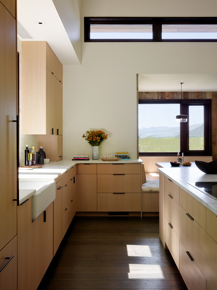 Diseño de cocina comedor minimalista con armarios con paneles lisos, puertas de armario de madera clara, encimera de mármol, suelo de madera oscura y una isla
