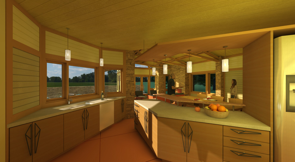 Design ideas for a medium sized contemporary l-shaped kitchen/diner in Portland with a double-bowl sink, flat-panel cabinets, medium wood cabinets, concrete worktops, brown splashback, wood splashback, stainless steel appliances, concrete flooring, a breakfast bar, red floors, grey worktops and a wood ceiling.