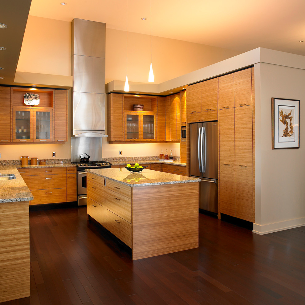 Idée de décoration pour une cuisine design avec un électroménager en acier inoxydable et un plan de travail en granite.