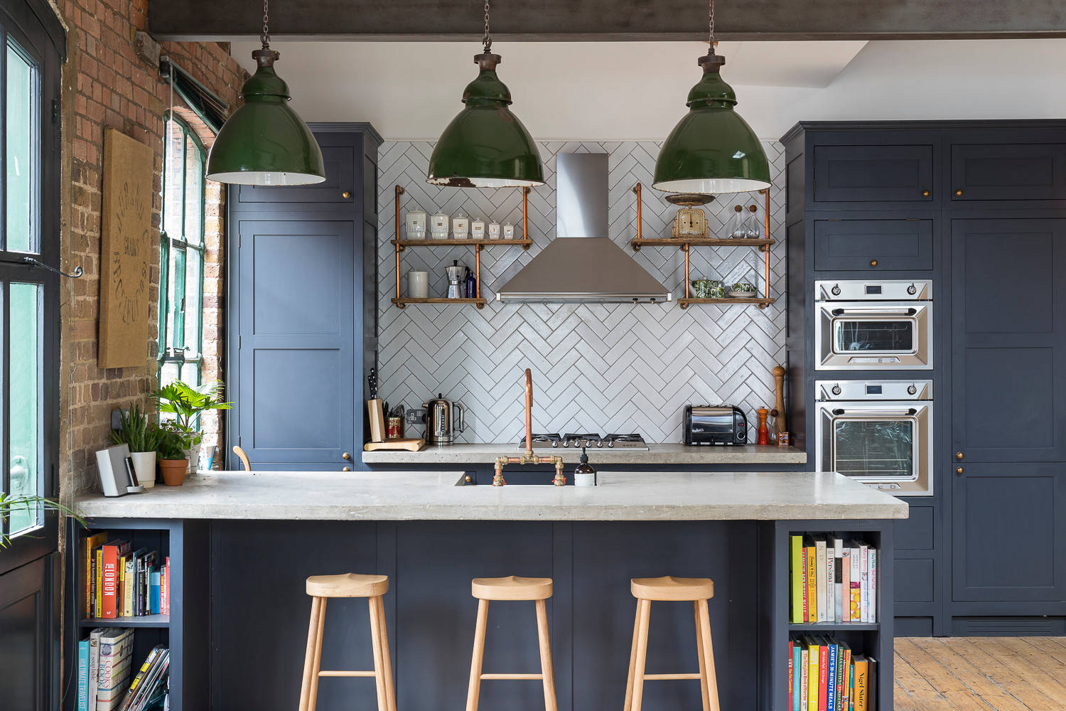 Industrial Loft Kitchen With Turquoise Cabinets and Lime Green Backsplash, Beauty Is Abundant