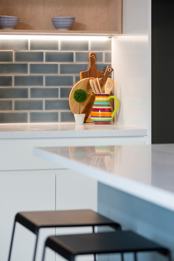 ハミルトンにある小さなトランジショナルスタイルのおしゃれなキッチン (青いキッチンパネル、セラミックタイルのキッチンパネル、シルバーの調理設備、無垢フローリング) の写真