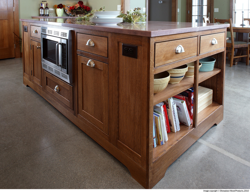 Example of a classic kitchen design in Other with beaded inset cabinets and medium tone wood cabinets