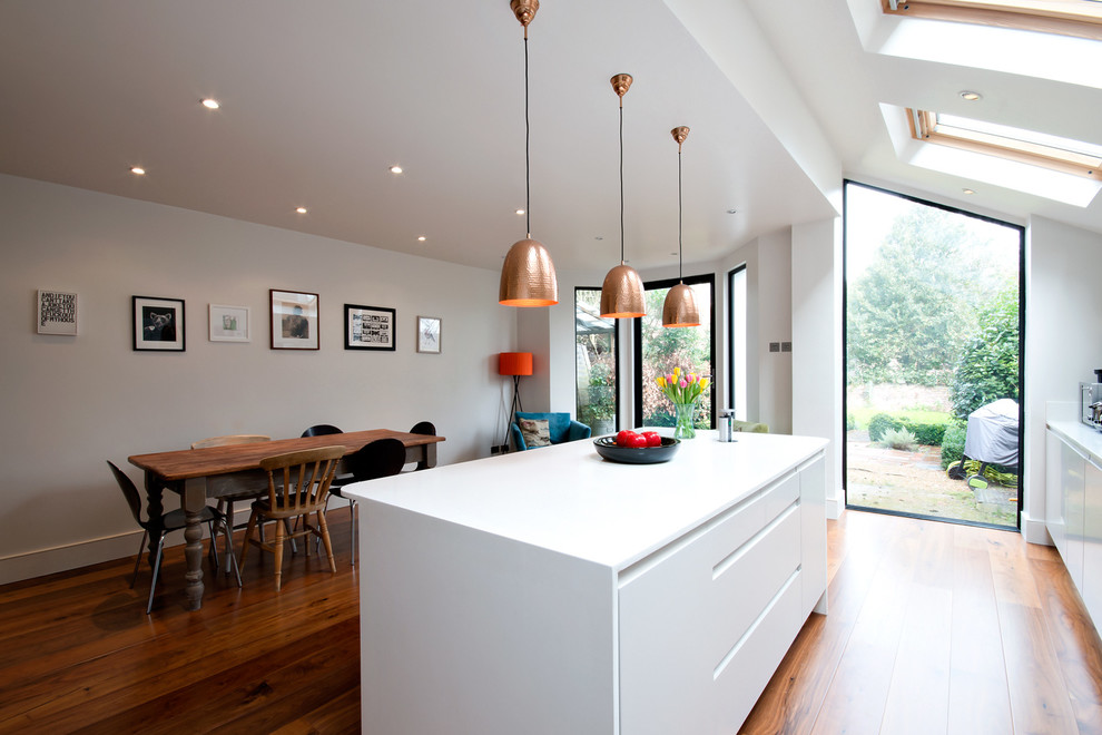 Ejemplo de cocina comedor contemporánea con armarios con paneles lisos, puertas de armario blancas, suelo de madera en tonos medios y una isla