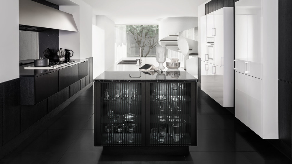 Ejemplo de cocina comedor contemporánea de tamaño medio con fregadero integrado, puertas de armario blancas, suelo de azulejos de cemento, una isla y suelo negro