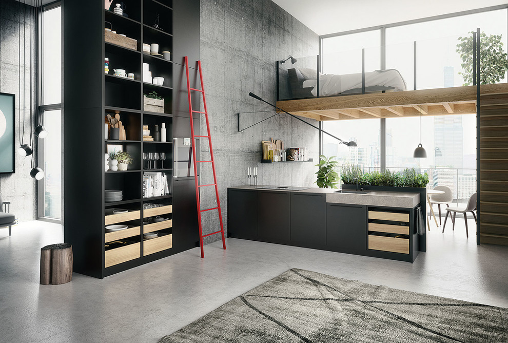 Inspiration för ett mellanstort funkis kök, med grå skåp, svarta vitvaror, betonggolv och grått golv