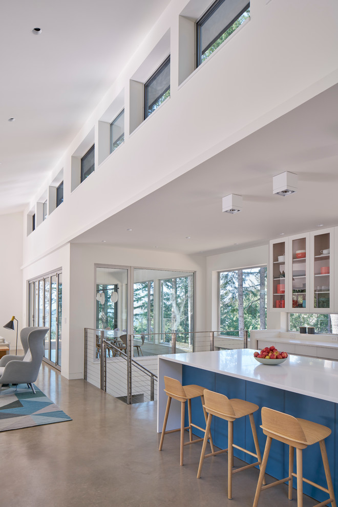 Свежая идея для дизайна: прямая кухня-гостиная среднего размера в современном стиле с стеклянными фасадами, белыми фасадами, столешницей из акрилового камня, бетонным полом и островом - отличное фото интерьера