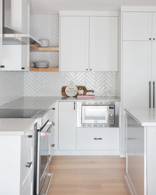 All-White Kitchen with Light Wood Accents: Small Kitchen Shelf Ideas to Complete the Look